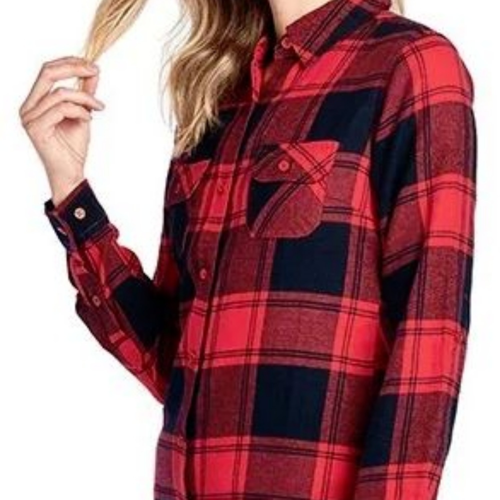 Red Buffalo Plaid Flannel Long Sleeve Button Shirt - Picture 4 of 7